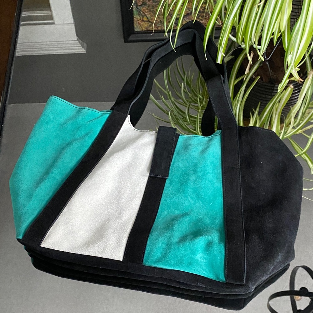 Carla G. Suede Tote Bag - Shoulder Purse - Teal, Black and White